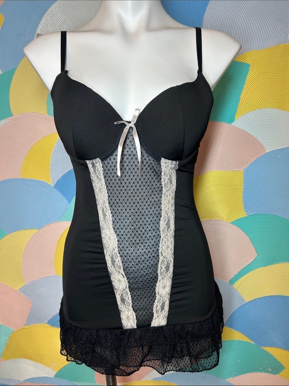 Native Intimates Black Lace Trim Bustier Slip with Ivory Accents sz 36C/L
